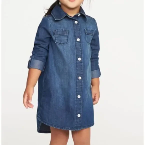 ~ Old Navy Girls 4T Denim Shirt Dress Blue Long Sleeve Jean Pockets Button Up - Picture 1 of 11